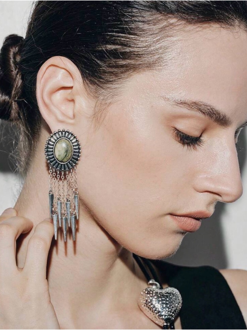 Anthropologie Silver-Tone Dangle Earrings with Olive Green Stone